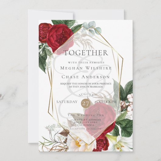 Weddensuitnodiging | Scarlet en Ivory Floral Kaart (Voorkant)