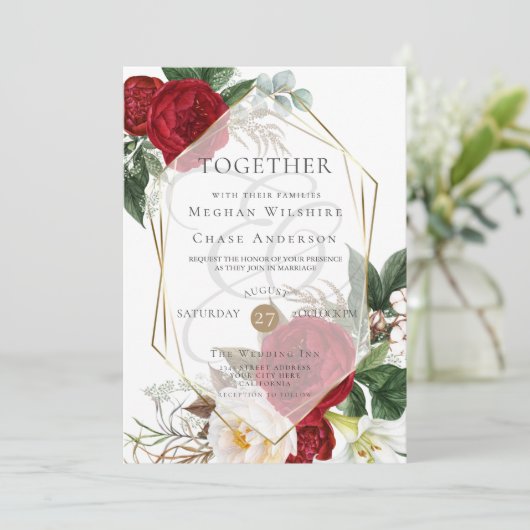 Weddensuitnodiging | Scarlet en Ivory Floral Kaart (Staand voorkant)