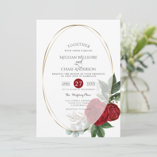 Weddensuitnodiging | Scarlet Peony Floral Oval Kaart (Staand voorkant)