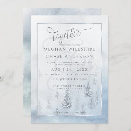 Weddensuitnodiging | Silver Blue Winter Wonderland Kaart (Voorkant / Achterkant)