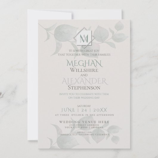 Weddensuitnodiging | Silver Sage Eucalyptus Kaart (Voorkant)