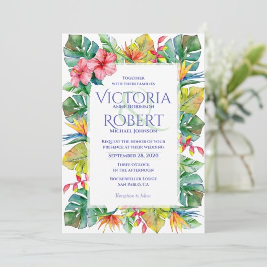Weddensuitnodiging | Tropische Waterverf Floral Kaart (Staand voorkant)