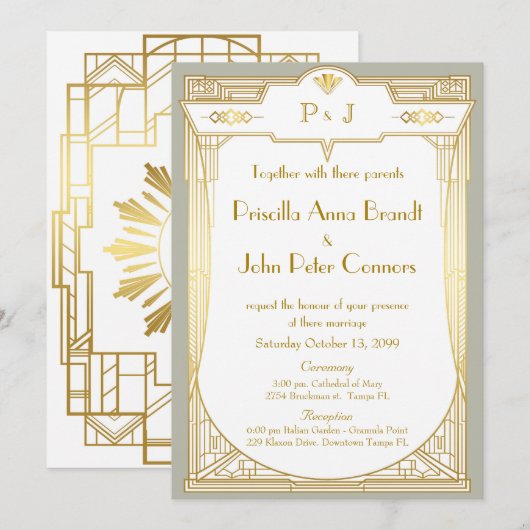 Weddensuitnodigingskaart, Great Gatsby, gouden gri Kaart (Voorkant / Achterkant)