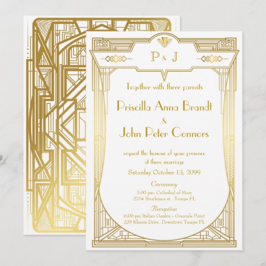 Weddensuitnodigingskaart, Great Gatsby, gouden wit Kaart (Voorkant / Achterkant)
