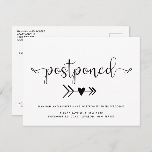 Weddenuitstel en nieuwe datum hartslag zwart wit aankondigingskaart (Voorkant / Achterkant)