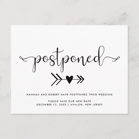 Weddenuitstel en nieuwe datum hartslag zwart wit aankondigingskaart (Voorkant)