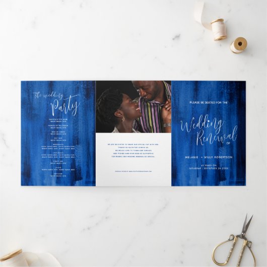 Weddenverhogende ceremonie sapphire blue abstract drieluik programma (Buitenkant)