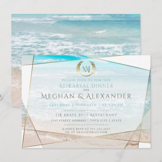 Weddenverhogende repetitie | Modern monogram stran Kaart (Voorkant / Achterkant)