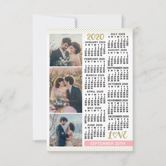 Wedding 2020 Agenda Blush Pink Gold 3-foto's Save The Date (Voorkant)
