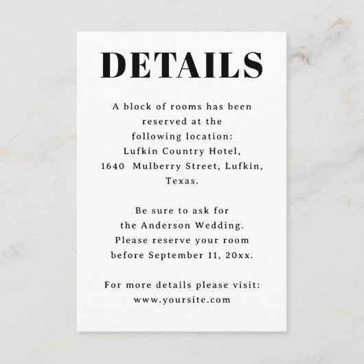 Wedding Accommodation. Hotel Details & Information Informatiekaartje (Voorkant)