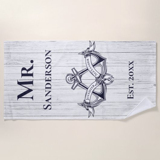 Wedding Anchor de heer Navy Blue Nautical Monogram Strandlaken (Voorkant)