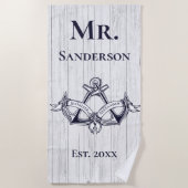 Wedding Anchor de heer Navy Blue Nautical Monogram Strandlaken (Voorkant)