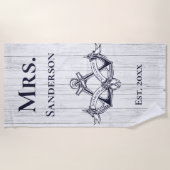 Wedding Anchor Mrs Navy Blue Nautical Monogrammen Strandlaken (Voorkant)