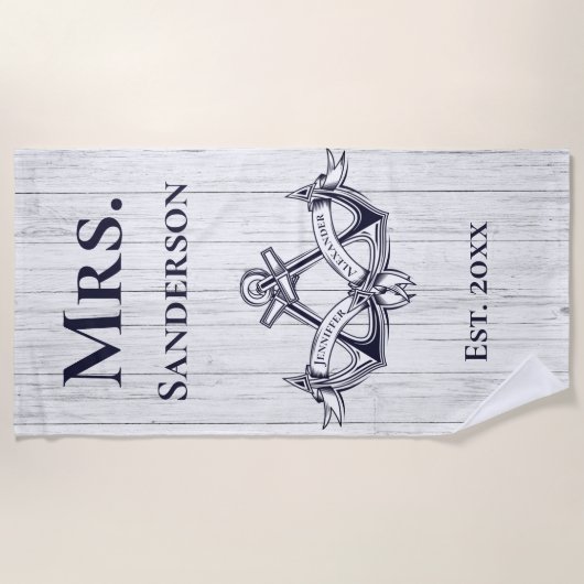 Wedding Anchor Mrs Navy Blue Nautical Monogrammen Strandlaken (Voorkant)