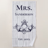 Wedding Anchor Mrs Navy Blue Nautical Monogrammen Strandlaken (Voorkant)