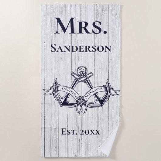 Wedding Anchor Mrs Navy Blue Nautical Monogrammen Strandlaken (Voorkant)