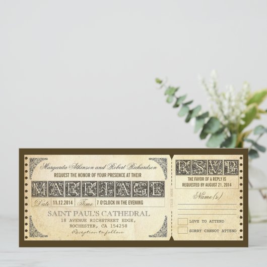 Wedding antiek Ticket Uitnodiging & RSVP Design (Staand voorkant)