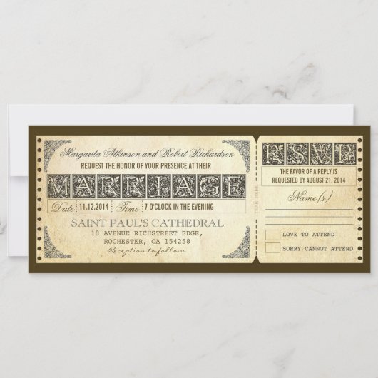 Wedding antiek Ticket Uitnodiging & RSVP Design (Voorkant)