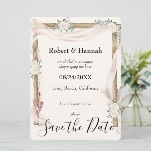 Wedding Arch en Rozen Cream Gold Bewaar de datum Save The Date (Staand voorkant)