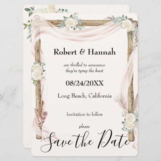 Wedding Arch en Rozen Cream Gold Bewaar de datum Save The Date (Voorkant / Achterkant)
