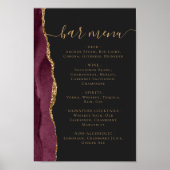 Wedding Bar Menu Burgundy Gold Agate Dark Poster (Voorkant)