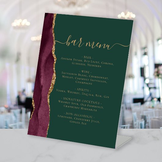 Wedding Bar Menu Burgundy Gold Agate Green Reclamebord Met Voetstuk