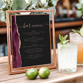 Wedding Bar Menu Burgundy Rose Gold Agate Dark Poster