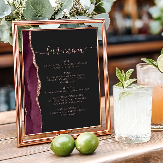 Wedding Bar Menu Burgundy Rose Gold Agate Dark Poster