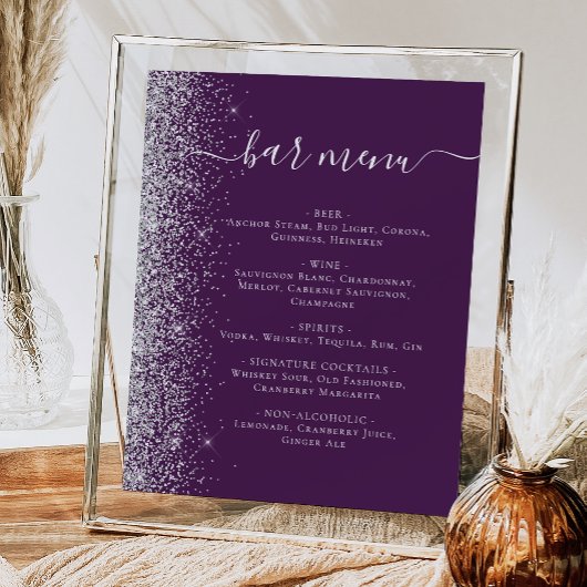 Wedding Bar Menu Donker Paarse Zilveren Glitter Poster