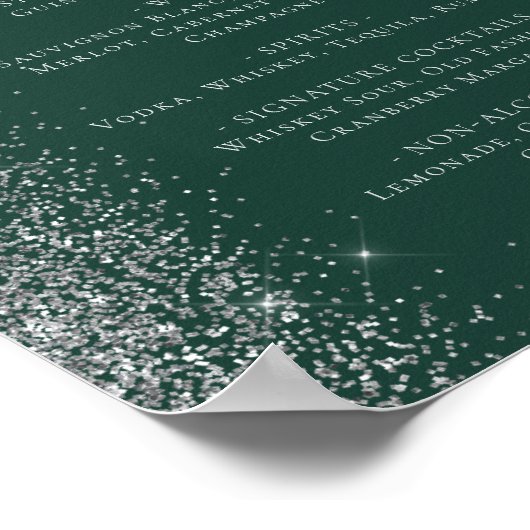 Wedding Bar Menu Donkergroen Zilver Glitter Poster (Hoek)