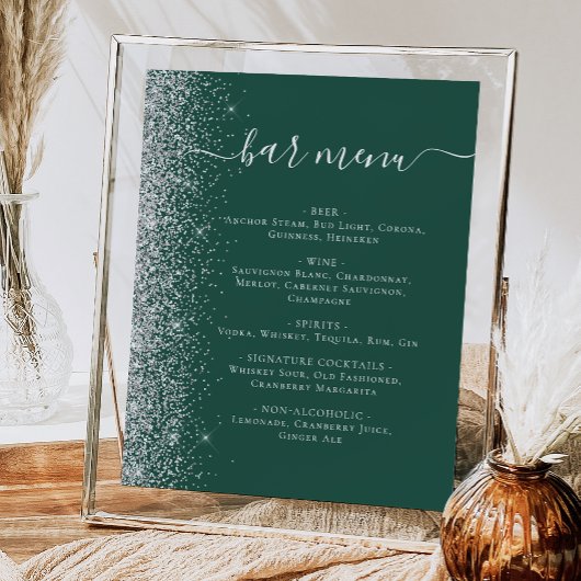 Wedding Bar Menu Donkergroen Zilver Glitter Poster