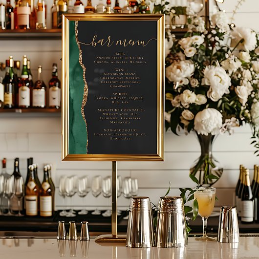 Wedding Bar Menu Emerald Green Gold Agate Dark Poster