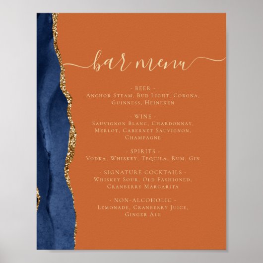 Wedding Bar Menu Navy Blue Gold Agaat Rust Poster (Voorkant)