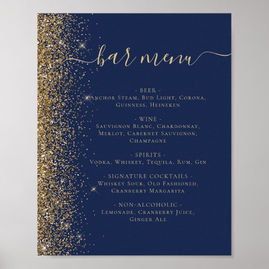 Wedding Bar Menu Navy Blue Gold Glitter Poster (Voorkant)