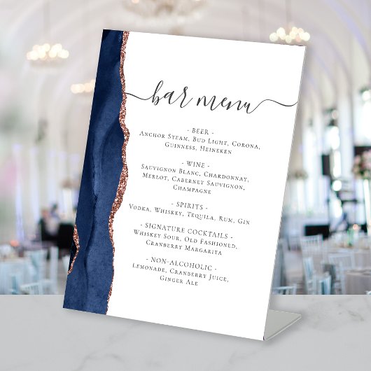 Wedding Bar Menu Navy Blue Roos Gold Agaat Reclamebord Met Voetstuk