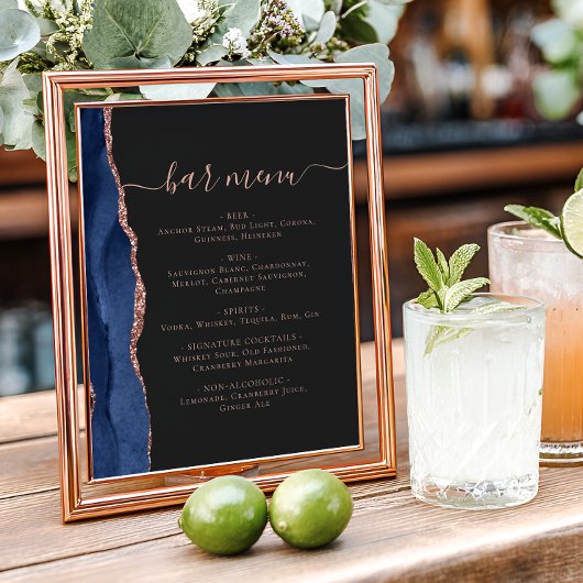 Wedding Bar Menu Navy Blue Rose Gold Agate Dark Poster