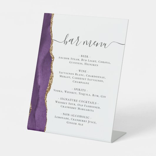 Wedding Bar Menu Paarse Gouden Agaat Reclamebord Met Voetstuk (Voorkant)