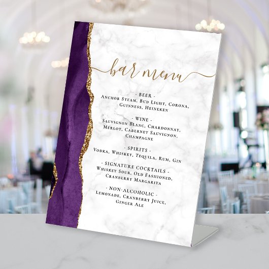 Wedding Bar Menu Purple Gold Agate Marble Reclamebord Met Voetstuk