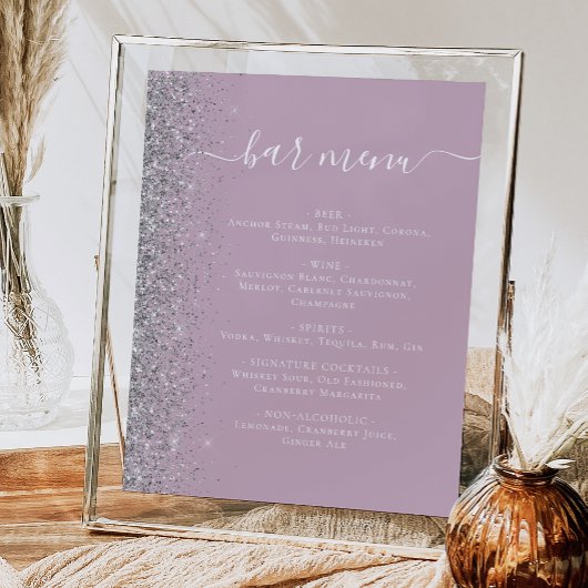 Wedding Bar Menu Stoffig Lila Zilver Glitter Poster