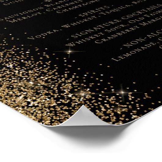 Wedding Bar Menu Zwart Goud Glitter Poster (Hoek)