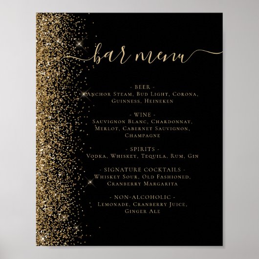 Wedding Bar Menu Zwart Goud Glitter Poster (Voorkant)