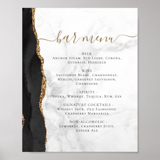 Wedding Bar Menu Zwart Gouden Agaat Marmer Poster (Voorkant)
