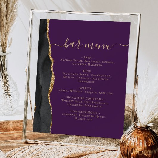 Wedding Bar Menu Zwart Gouden Agaat Paarse Poster