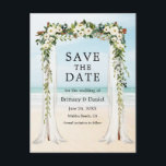 Wedding Beach Canopy Waterverf Green White Floral Aankondigingskaart<br><div class="desc">Elegant Wedding Canopy Waterverf Groen Wit Bloemen Bruiloft Verloving Aankondiging Save The Date Briefkaart bevat prachtige witte rozen en witte pioenen. De houten luifel boog van het huwelijk omvat botanisch groen op een zandstrand blauwe hemel oceaan achtergrond.</div>