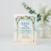 Wedding Beach Canopy Waterverf Green White Floral Aankondigingskaart (Staand voorkant)