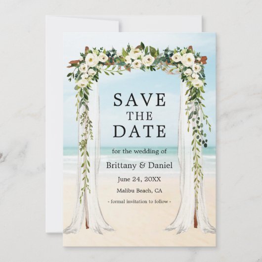 Wedding Beach Canopy Waterverf Green White Floral Save The Date (Voorkant)