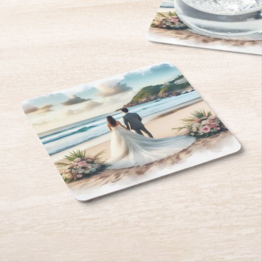 Wedding Beach Couple Kartonnen Onderzetters (Schuin)