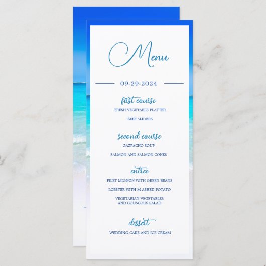Wedding Beach Zee Blue Ocean Summer Monogram Menu (Voorkant / Achterkant)