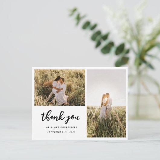 Wedding Bedankt Script Elegant | Twee foto's Briefkaart (Staand voorkant)