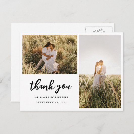 Wedding Bedankt Script Elegant | Twee foto's Briefkaart (Voorkant / Achterkant)